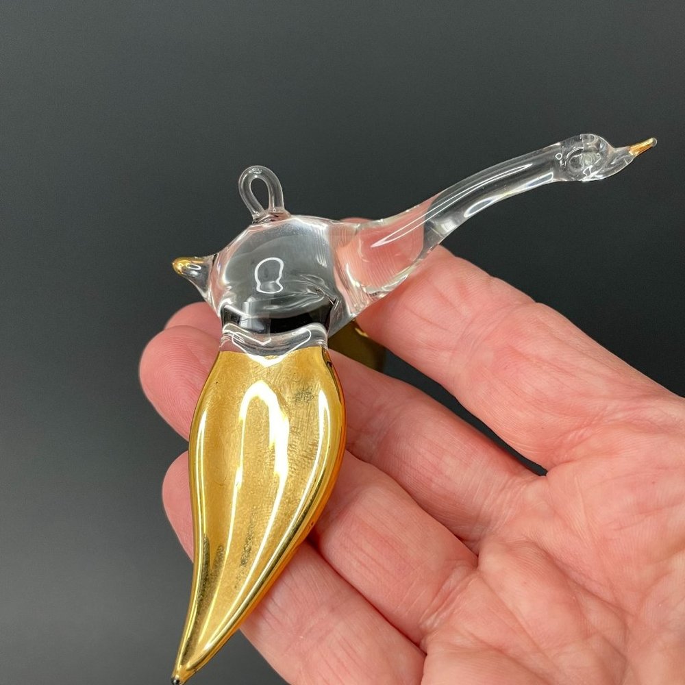 Vintage Hand Blown Clear Glass Flying Swan Bird Ornament Gold Wings and Beak